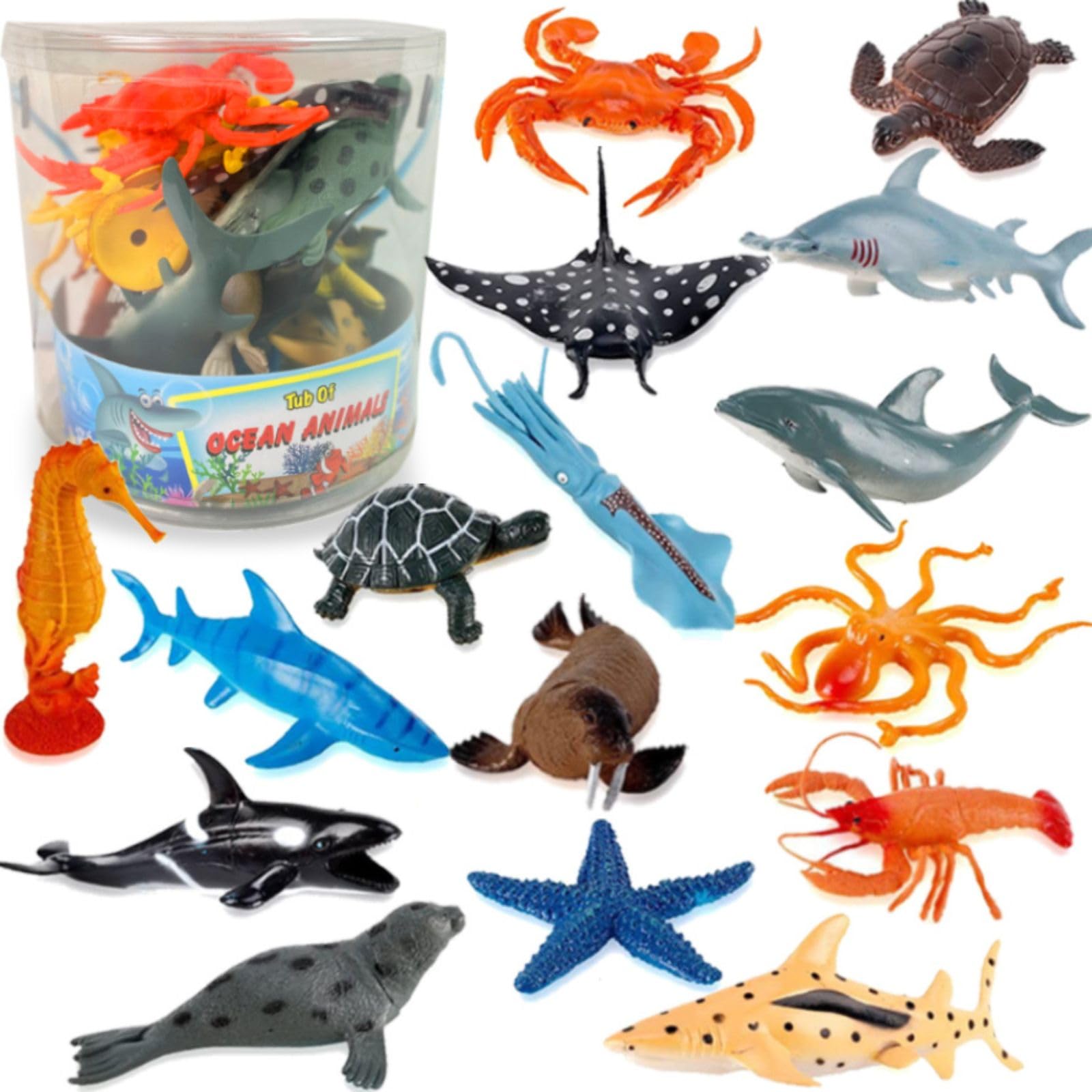 Photo 1 of Liberty Imports Bucket of Ocean Sea Animals Toys - 16 PCS Large Underwater Deep Sea Creaures, Realistic Soft Plastic Marine Educational Toy Figures Playset for Toddlers, Kids