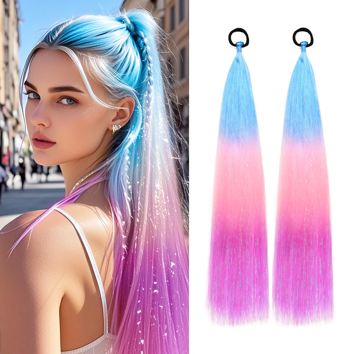 Rainbow Ponytail Extensions With Hair Tie 2 Packs 40g/Pack Coloured Hair Extensions for Braiding 18 inch Colorful Ombre Mermaid Pony Tail Synthetic Hair Extensions for Girl Women SS32 โ image 1