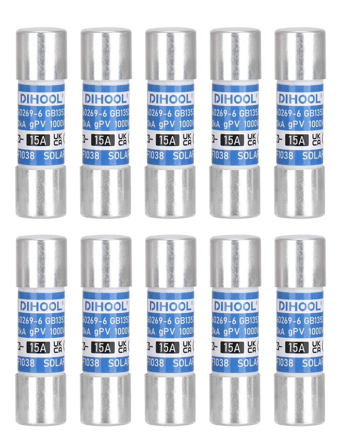 DIHOOL PV Fuse 15a DC 1000V 10x38 20kA Fuses High Voltage Fuse Tube Strong Fine Fuse for Solar Photovoltaic Applications Photovoltaic (10 Pack)