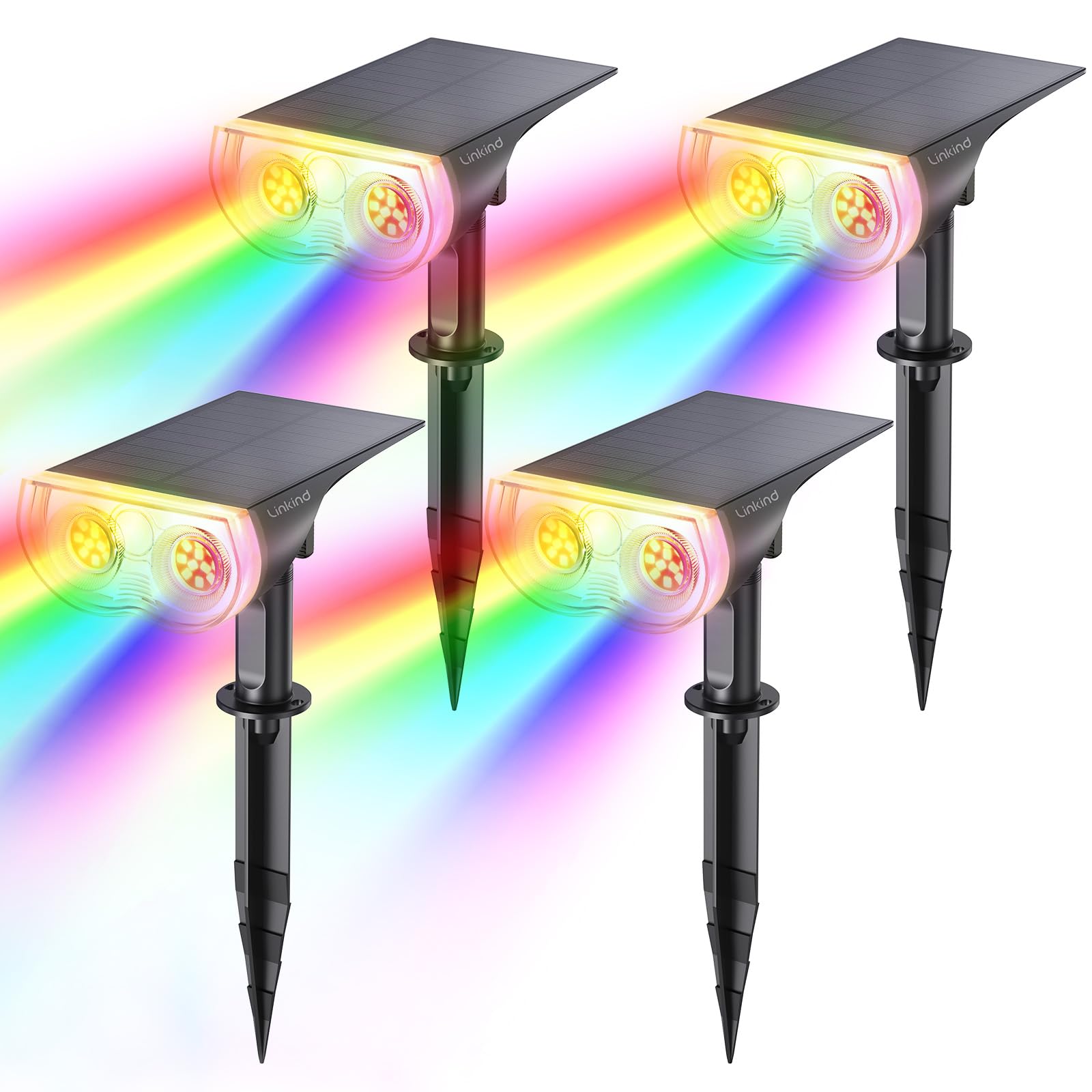 Linkind Colour Changing Solar Lights, RGBW Solar Spotlight with 9 Colours, IP65 Waterproof Outdoor Ground Stake Solar Powered Uplighter for Pathway Garden Patio Tree, 4 Pack