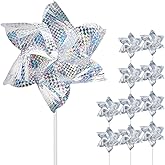 10 Pack Reflective Pinwheels for Garden Yard - Sparkly Silver Bird Deterrent Devices for Outside - Humane Woodpecker, Pigeon &amp; Goose Repellent Wind Spinners - Decorative Mylar Pin Wheels with Stakes