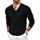 Yousify Mens V Neck Pullover Sweater Waffle Knit Casual Textured Pullover Long Sleeve Slim Fit Fall Sweaters