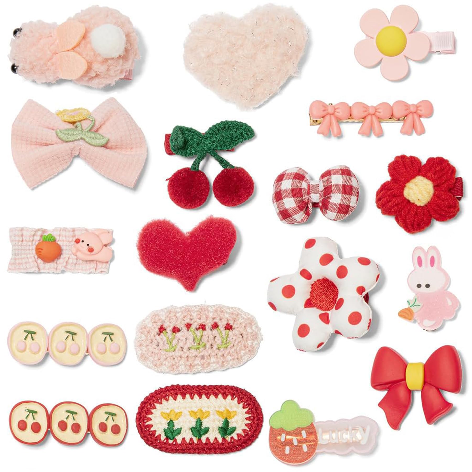 18-Piece Girls Hair Accessories Set - Wool Clips in Pink and Red for Toddlers and Baby - Cute Decorative Clips Gift Collection