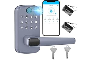 OLUMAT Smart Door Lock with Handle: Keyless Entry Door Lock with Keypad, Fingerprint, and App Control - Biometric Door Lock for Home Security - Easy Installation (Silver Gray)