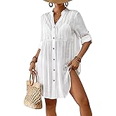 Bsubseach Women Beach Cover Ups V Neck Button Down Swimsuit Coverup Summer Swim Long Sleeve Cover Up Dress