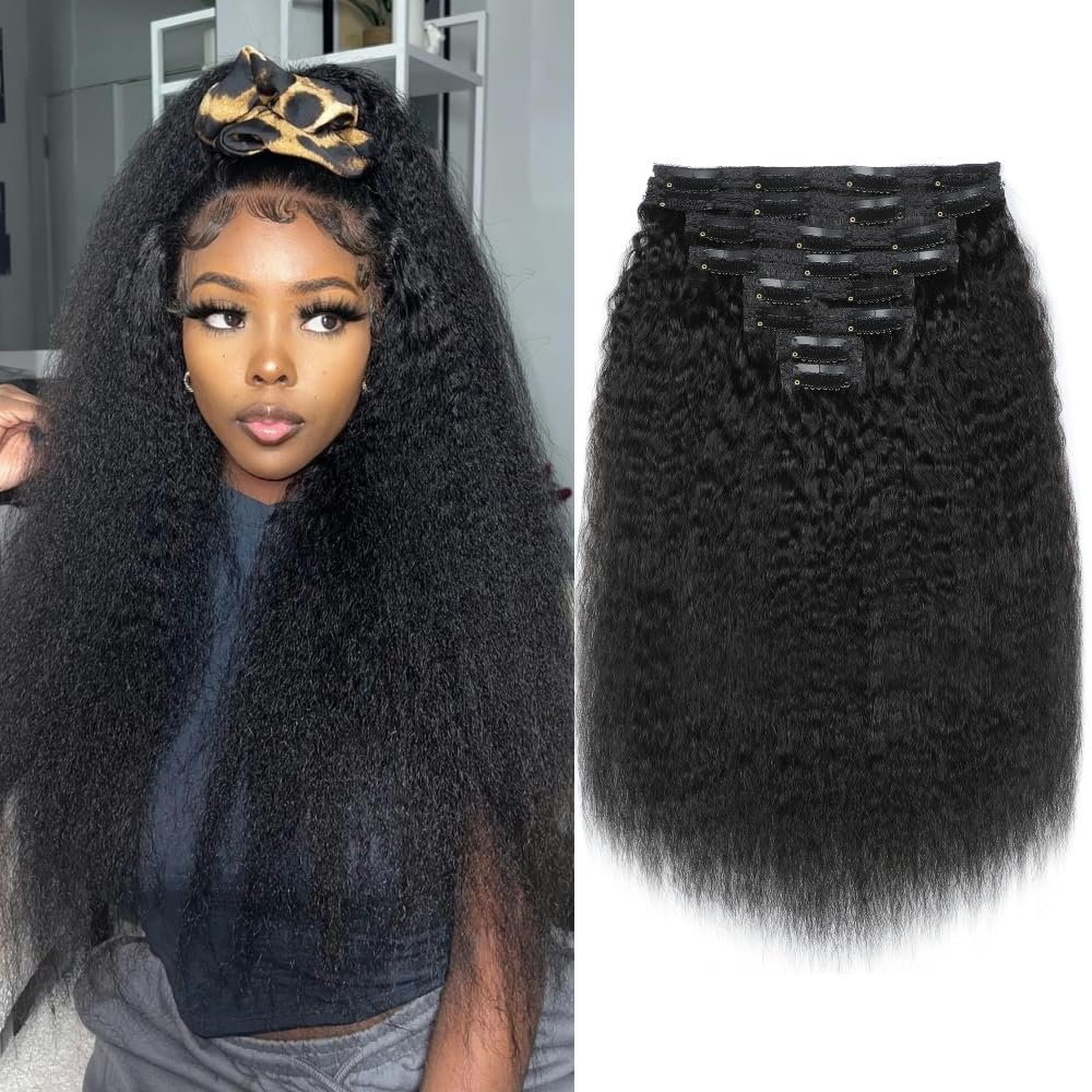 YDDM Kinky Straight Clip ins Human Hair Kinky Straight Clip in Hair Extensions for Black Woman Full Head Brazilian Virgin Human Hair Natural Black Double Weft Clip ins 20 Inch 120g 8pcs 20Clips
