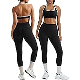 OMKAGI 2 Piece Workout Sets for Women Halter Sports Bras Gym Sets Booty Leggings Outfits