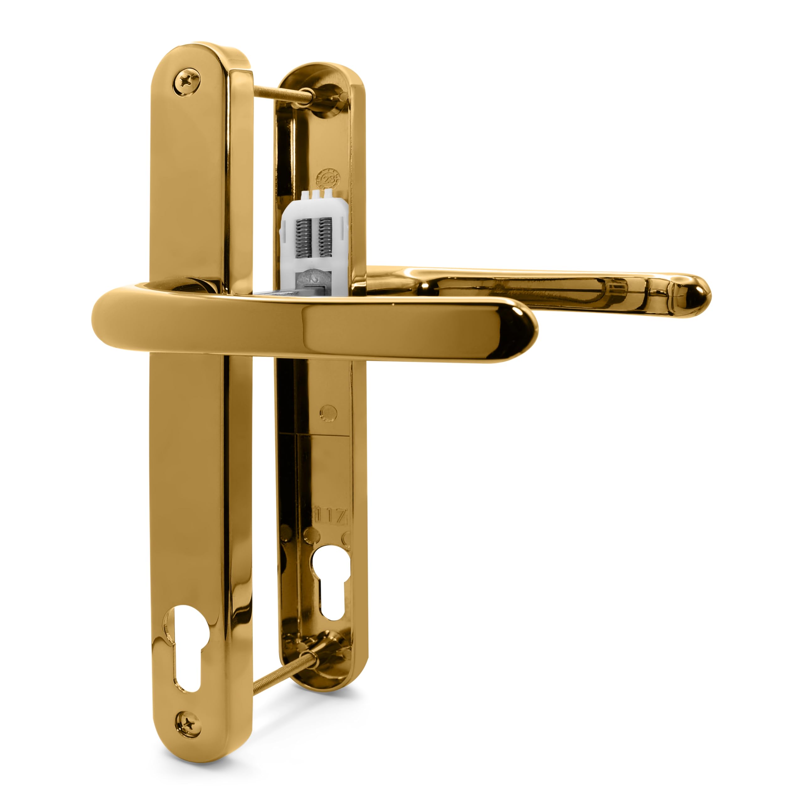TSS Polished Brass UPVC Door Handle Pair Set, 117mm PZ (Centres), Sprung, Lever Lever, 237mm Screw to Screw (Screw centres), Backplate 267mm x 32mm - Replacement PVC Door Handle in Polished Brass