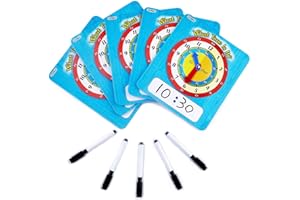 ZazzyKid Time Learning Clock for Kids: Pack of 5 Clocks (20.5 x 18cm) + 5 Erasable Markers – Teach Children to Tell Time