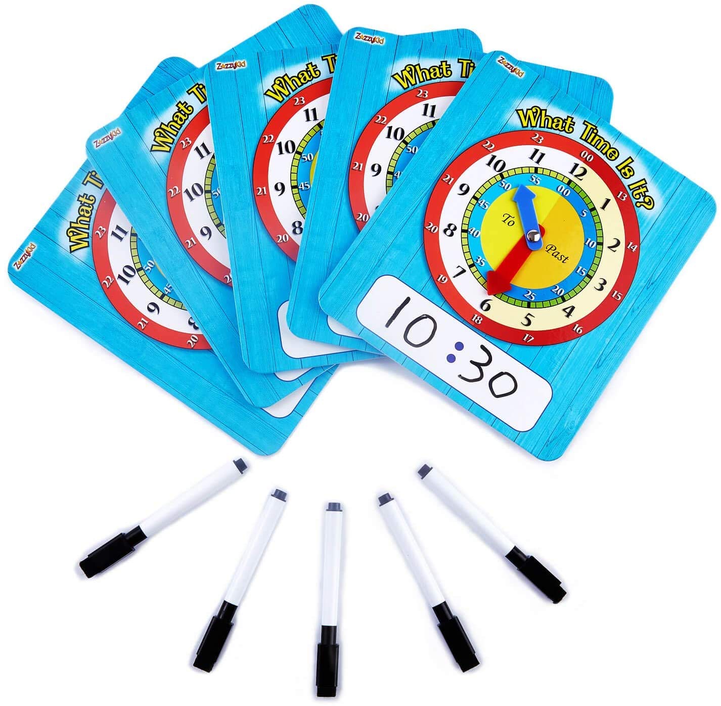 ZazzyKid Time Learning Clock for Kids: Pack of 5 Clocks (20.5 x 18cm) + 5 Erasable Markers – Teach Children to Tell Time