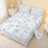 CVHouse Kawaii Dog Bed Set Sheets Full Size, Kawaii Cartoon Puppy Bedding Sets for Kids Teens, Cute Puppy Fitted Sheet Sets, 1 Flat Sheet & 1 Fitted Sheet with 2 Pillow Cases - 4 Pieces