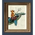 Aquadog the Corgi Rides a Hammerhead Shark Dog Original Art Vintage Dictionary Page Book Art Print