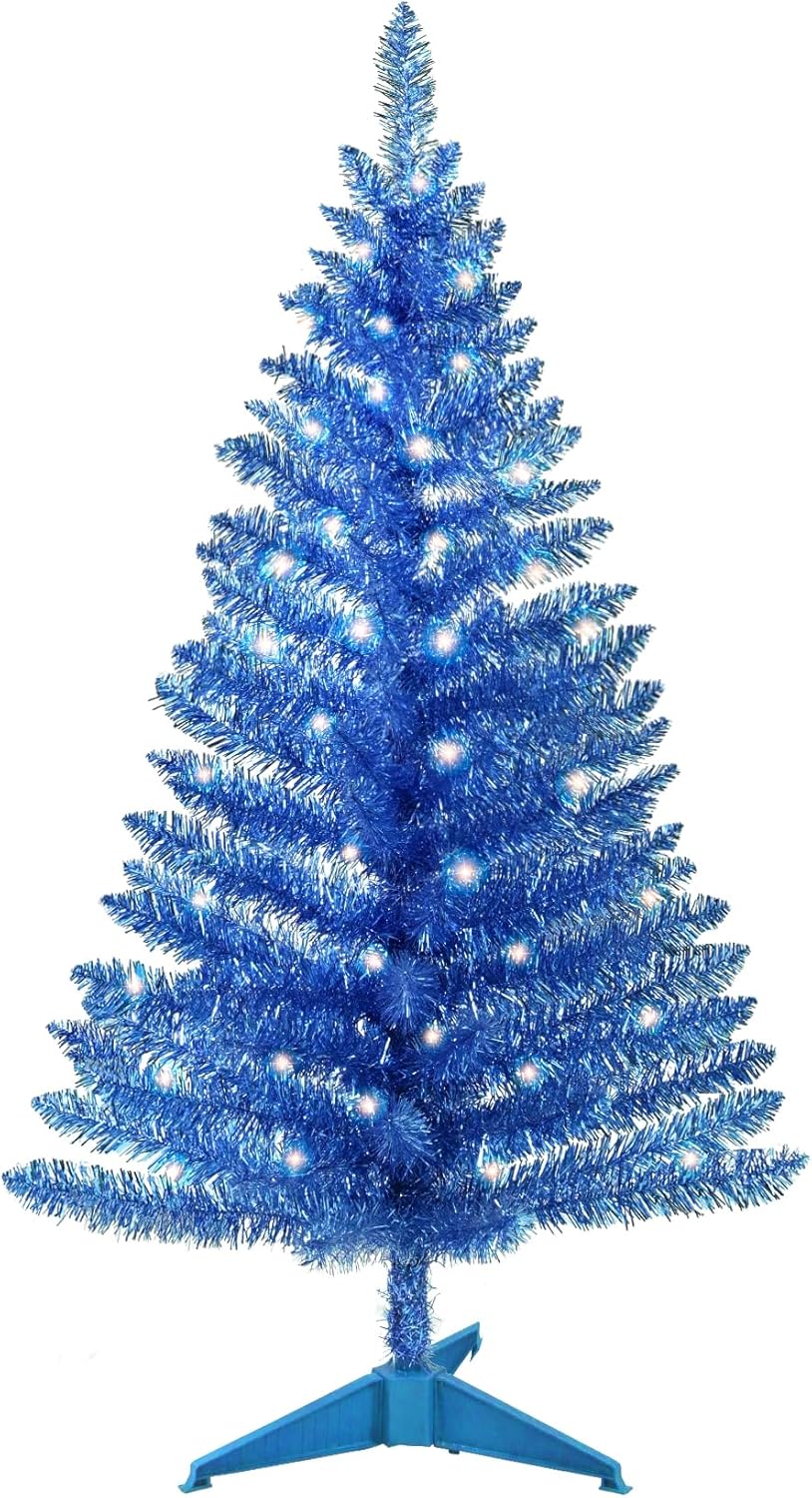 Trees - 4ft Lighted Artificial Christmas Tree, Not Pre-lit Blue Tinsel Pine Trees with Lights, Ideal for Ideal for Home, Office, and Xmas Party Décor - Includes Stand