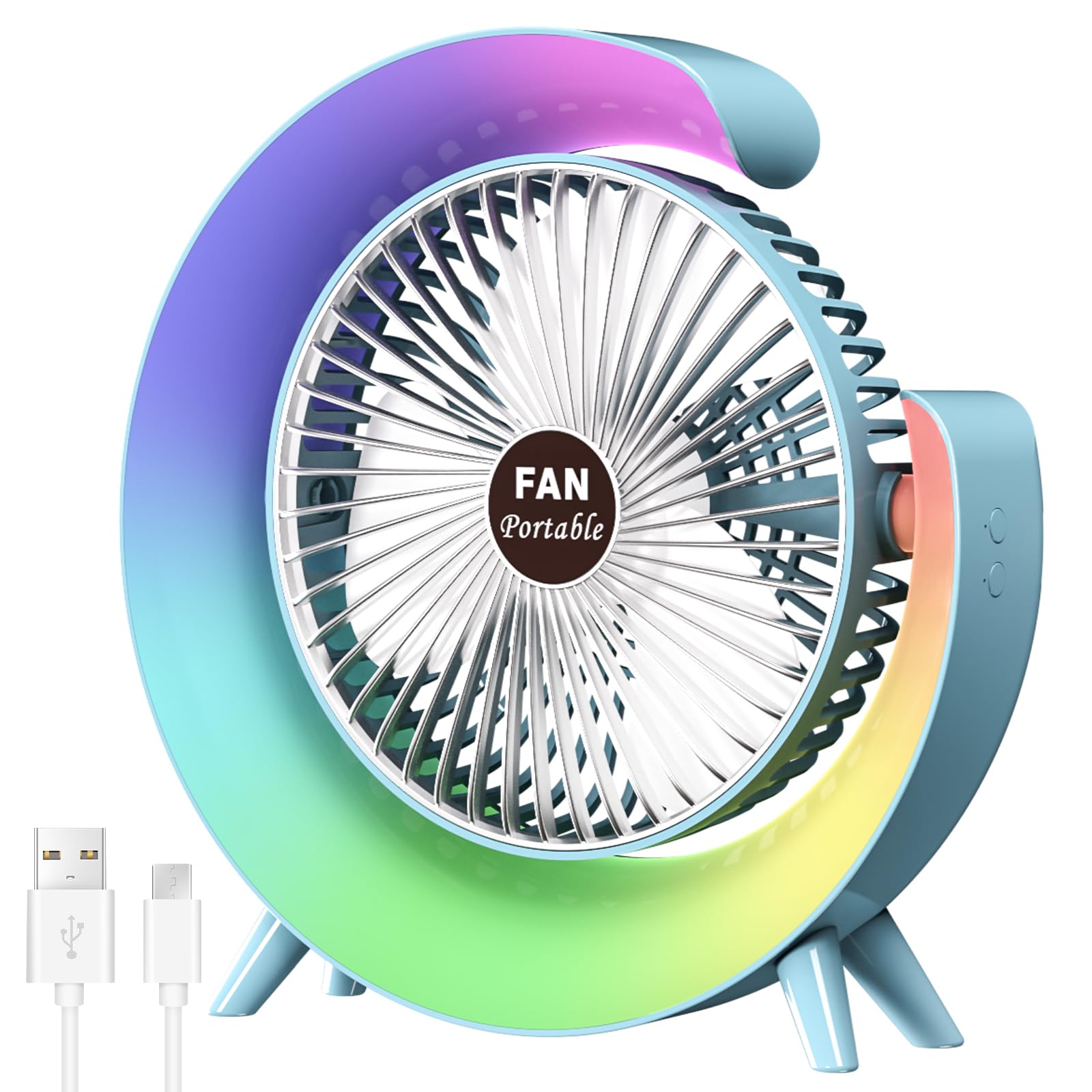 Photo 1 of USB Desk Fan with 7Colorful Night Light-Portable Small Air Circulator Fan 8-Hour Battery,180° Tilt -3 Speeds Quiet Personal Fan for Bedroom Dorm Office Outdoor Camping(5 In)