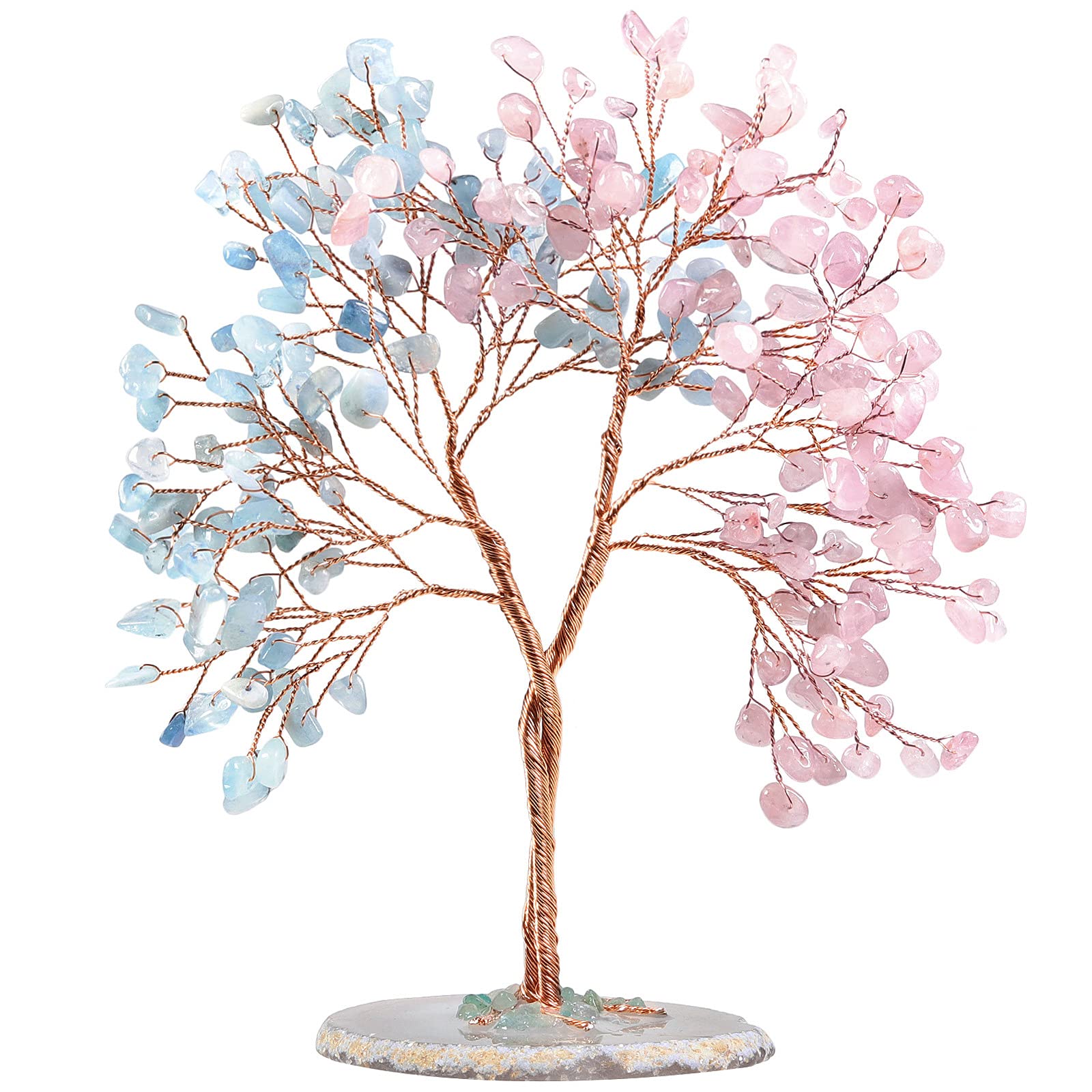 Nupuyai Aquamarine & Rose Quartz Twining Crystal Money Tree with Agate Slice Base, Love Stone Tree Ornament Fengshui Figurines for Home Office Wedding Decor