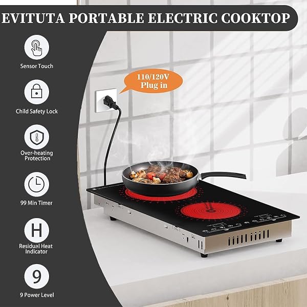 EVITUTA ELECTRIC COOKTOP, 2 BURNER ELECTRIC STOVE WITH LED TOUCH SCREEN, 9 HEATING LEVELS, TIMER, CHILD LOCK, AIR INSULATION, SILENT HEATING, 110V 12 INCH BUILT-IN HOT PLATE