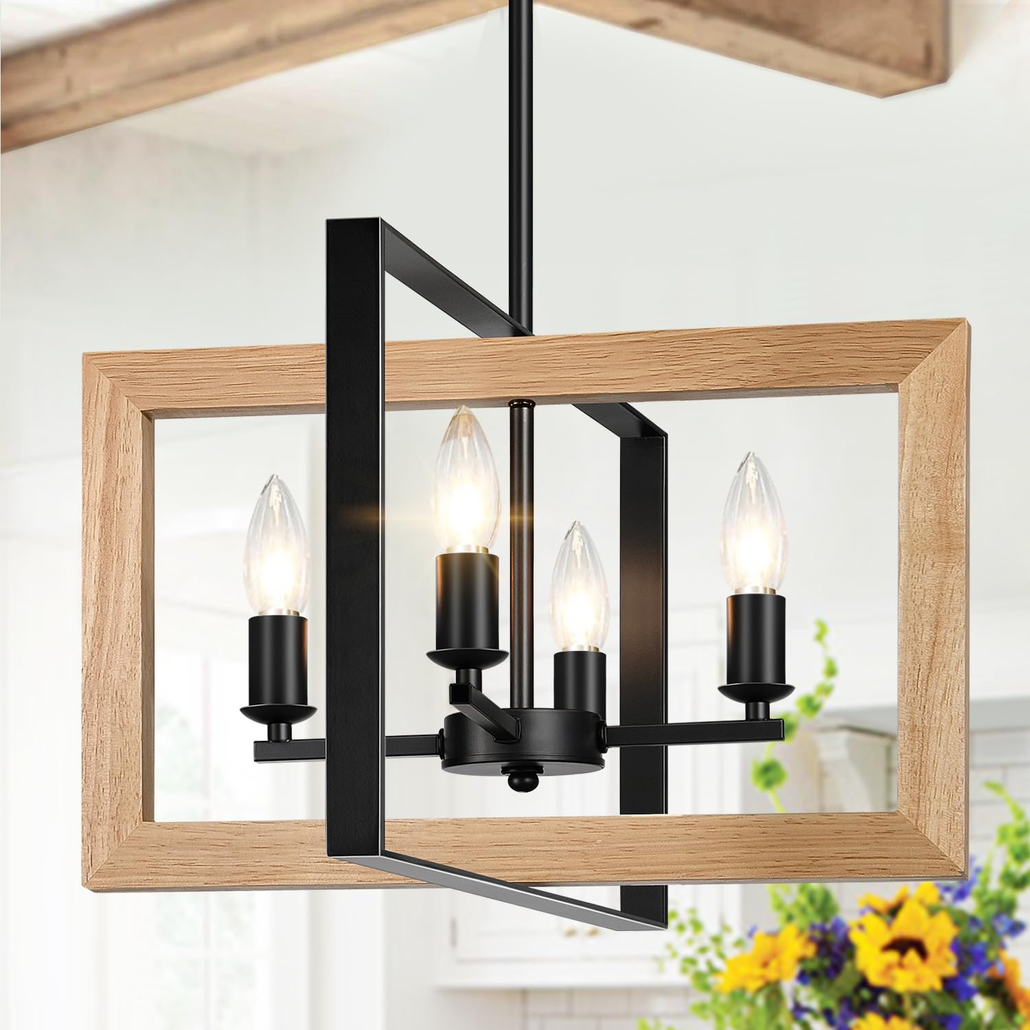 Photo 1 of 17" Farmhouse Natural Wood Chandelier, (4-Light, 17-Inch), Rustic Dining Room Light Fixtures Over Table, Adjustable Hanging Light Fixture for Kitchen, Living Room, Foyer, Entryway