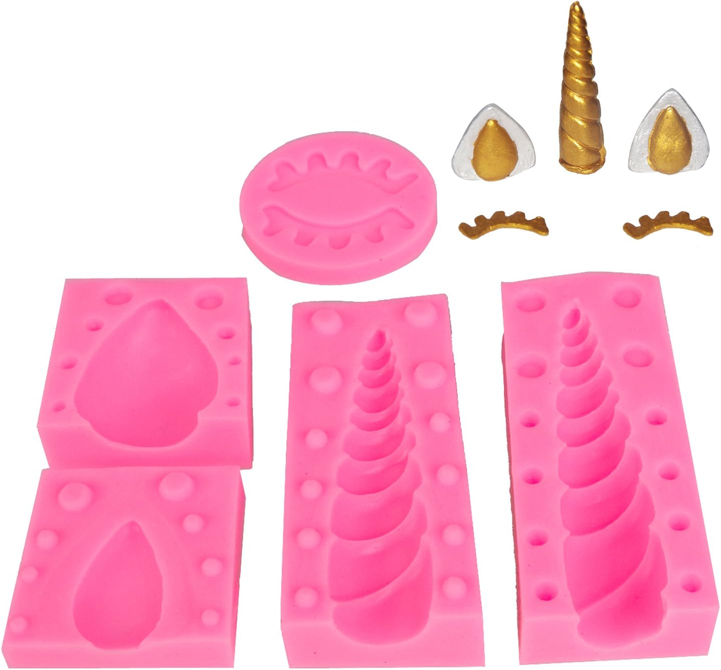 Xiroog 3.6" Unicorn Horn Silicone Cake Mold With Ears Eyelash Mould Set For Fondant Chocolates Cake Cupcake Toppers (5 Sets)
