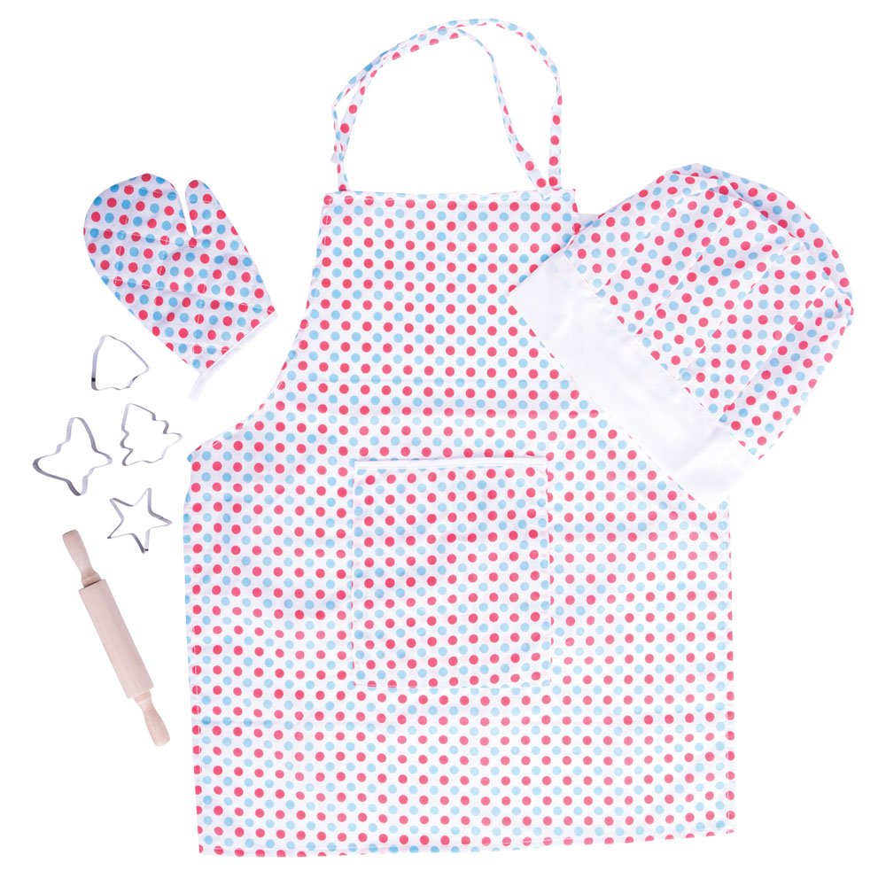 Bigjigs Toys Children's Polka Dot Chef Set, Cooking Apron, Hat, Pastry Cutters & Rolling Pin