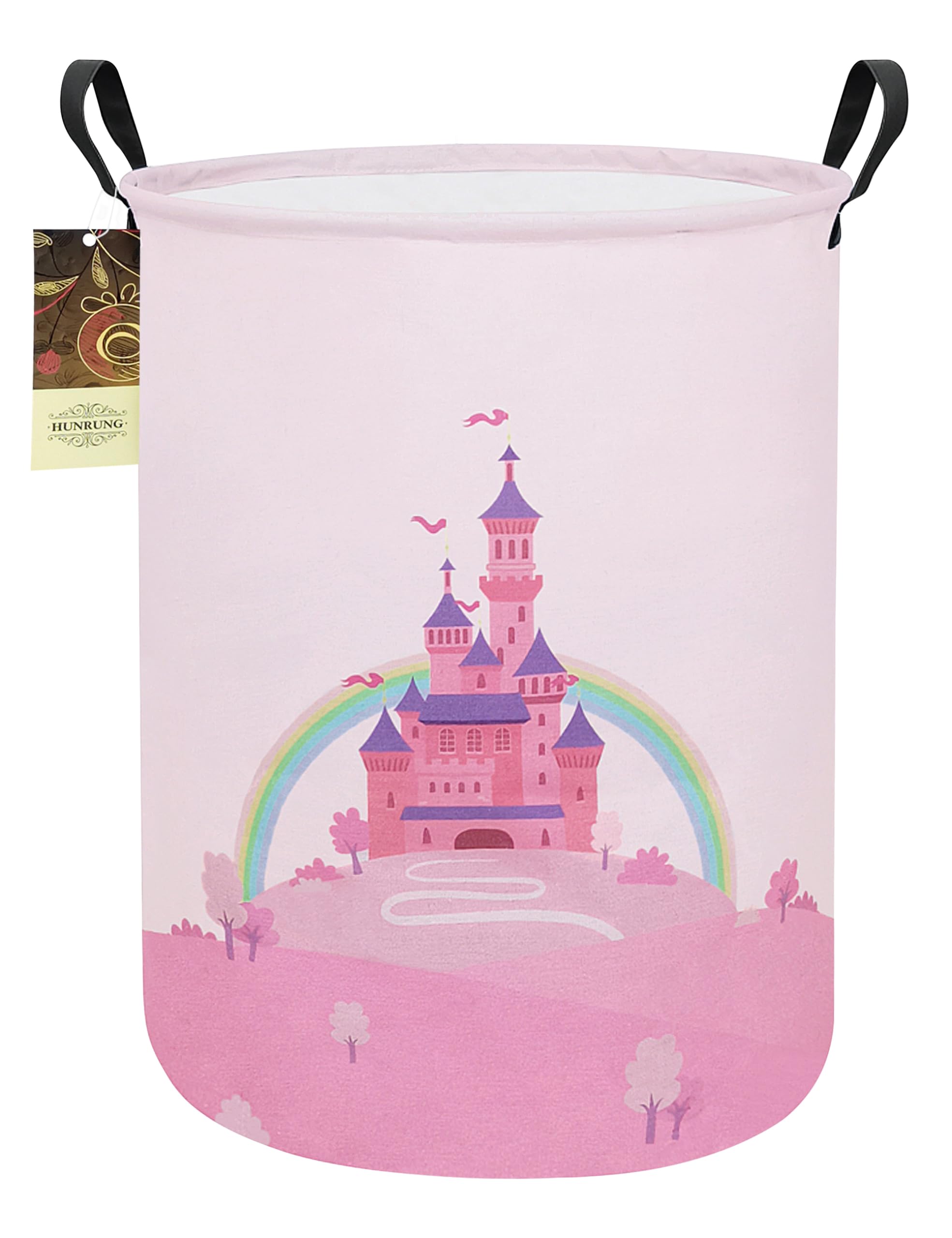 HUNRUNG Laundry Hamper for Girls, Collapsible Princess Castle Storage Basket with Handles, Large Waterproof Toy Organizer Bin for Nursery, Kids Room, Playroom, Rainbow Pink Decor (Round-Pink Castle)