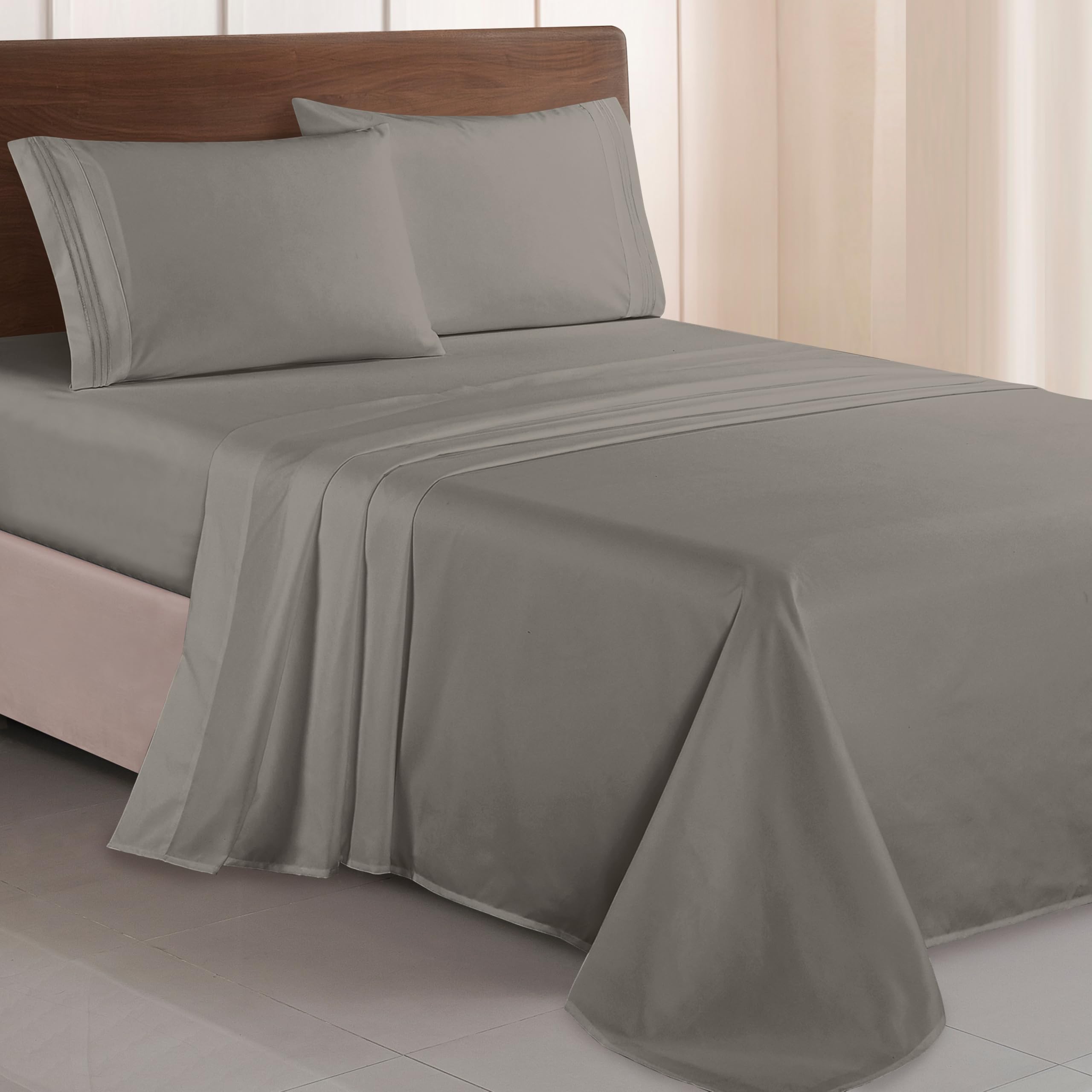Elegant Comfort Luxurious 1500 Premium Hotel Quality Microfiber Three Line Embroidered Softest 4-Piece Bed Sheet Set, Wrinkle and Fade Resistant, Twin/Twin XL, Gray
