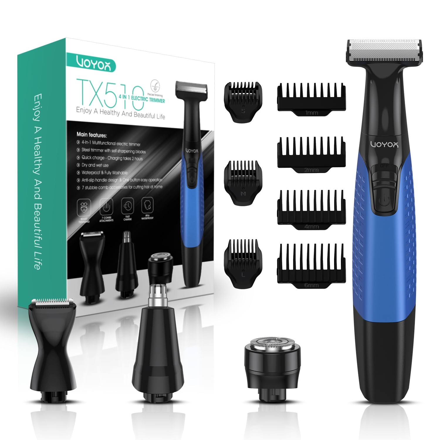 VOYOR Rechargeable Beard Trimmer for Men Cordless Professional Beard Trimmer with Combs, Electric Shavers for Men with Sharp Razor Blades for Body Grooming, Nose and Hair Trimming, USB Wet & Dry, Blue