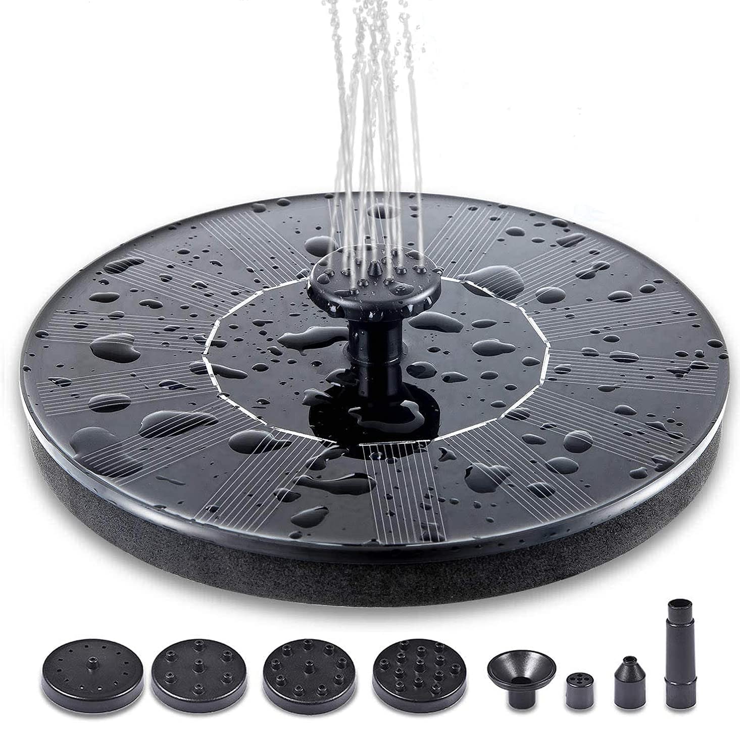 Solar Fountain Pump, Solar Water Fountain 1.5W Circle Solar Water Pump with 6 Nozzles, Floating Fountain Pump Outdoor Watering Submersible Pump for Pond, Pool, Garden, Fish Tank, Aquarium (Black)