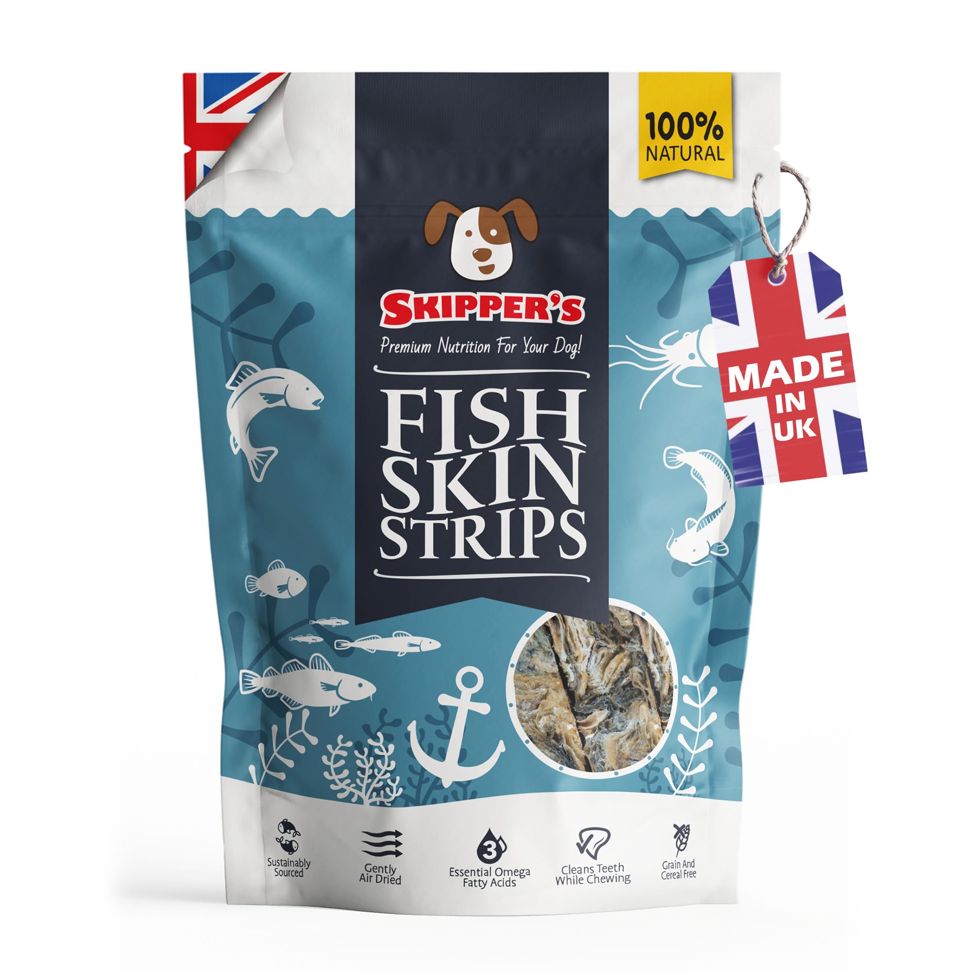SKIPPER'S Fish Skin Strips - Grain & Cereal Free Dog Treats, Gently Air Dried Long Lasting Fish Skin Chews, Good for Cleaning Teeth, Essential Source of Omega 3 Oils | (1kg)