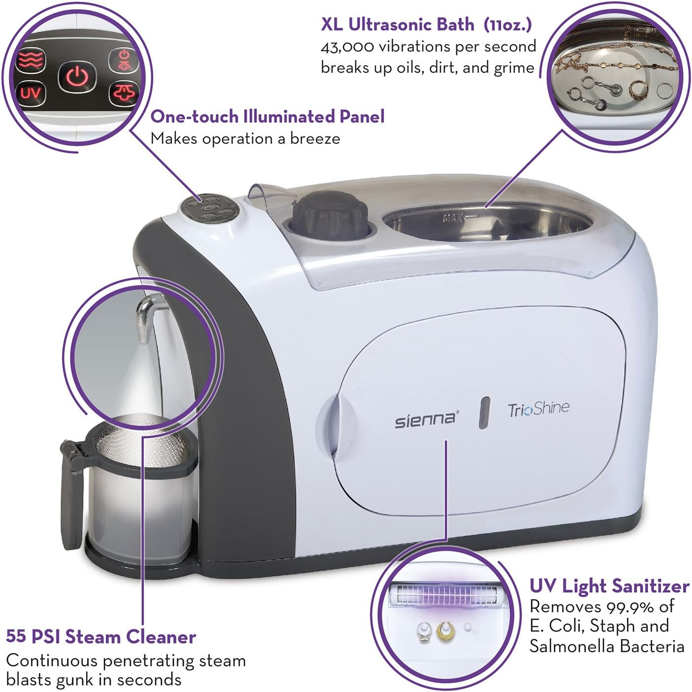 Sienna TrioShine 3 in 1 Ultrasonic Jewelry Cleaner Machine (SJC1601