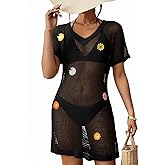 Dokotoo Swimsuit Coverup for Women 2026 V Neck Short Sleeve Floral Beach Dress Crochet Swim Cover Up Vacation Outfits