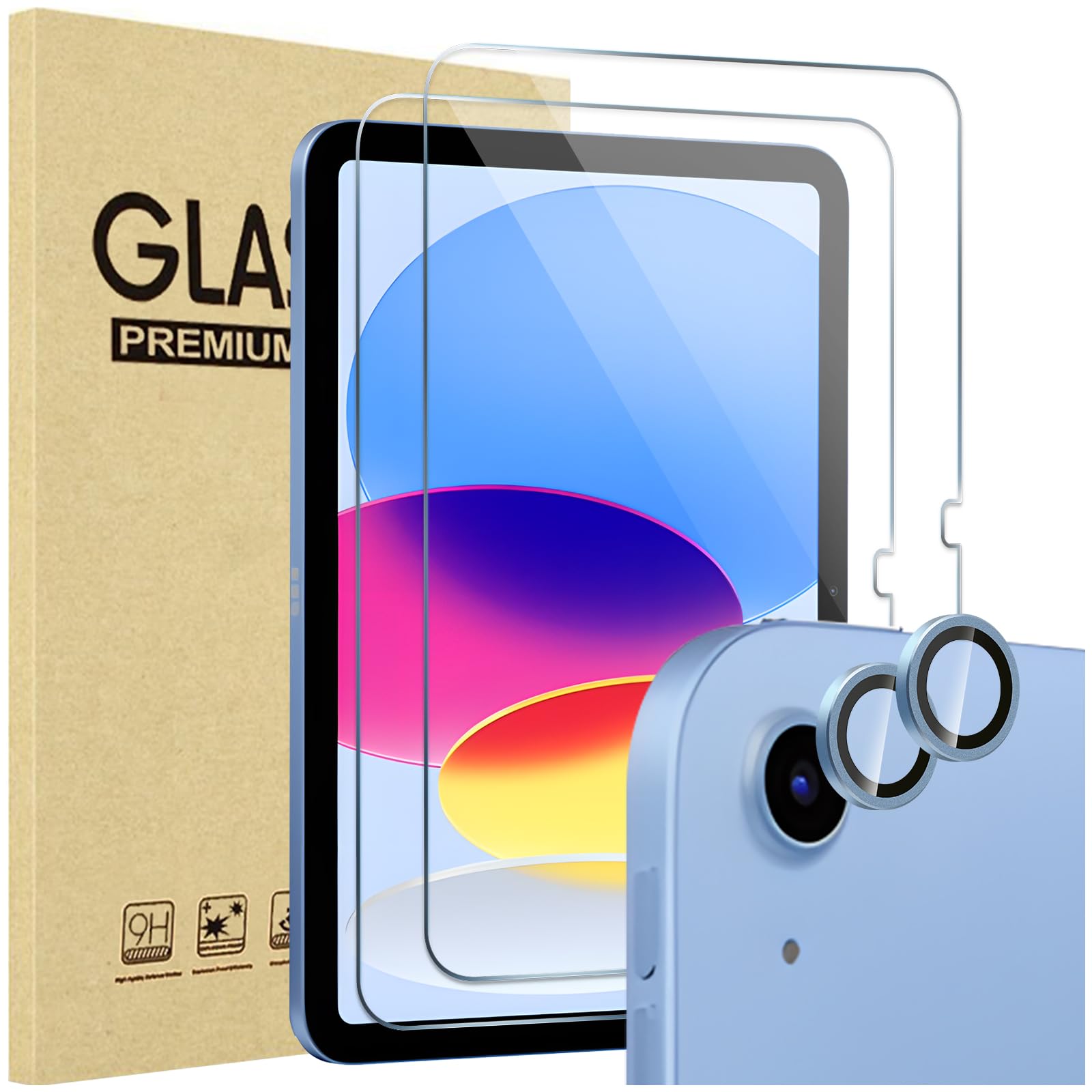 ProCase Screen Protector for iPad A16 2025 11th/10th 2022 Generation (11-inch/10.9), 2 Tempered Glass Films with 2 Camera Lens Protectors -Blue