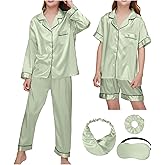 SEALINF 4 Pcs Silk Pajamas for Girls Kids Satin Pajamas Long Short Sleeve Long Pants Shorts Pjs Set with Sleep Mask