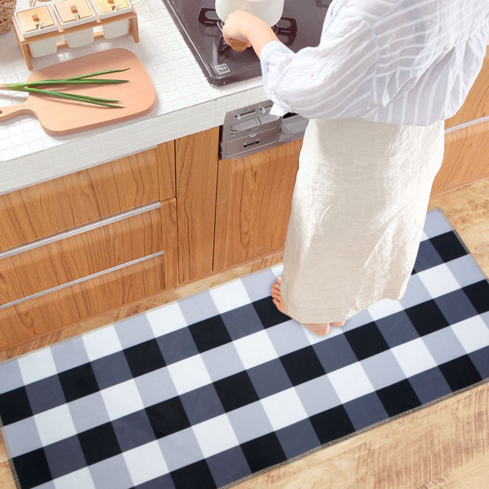 USTIDE 100 Cotton Rugs Buffalo Plaid Rug Black/White Checkered Plaid