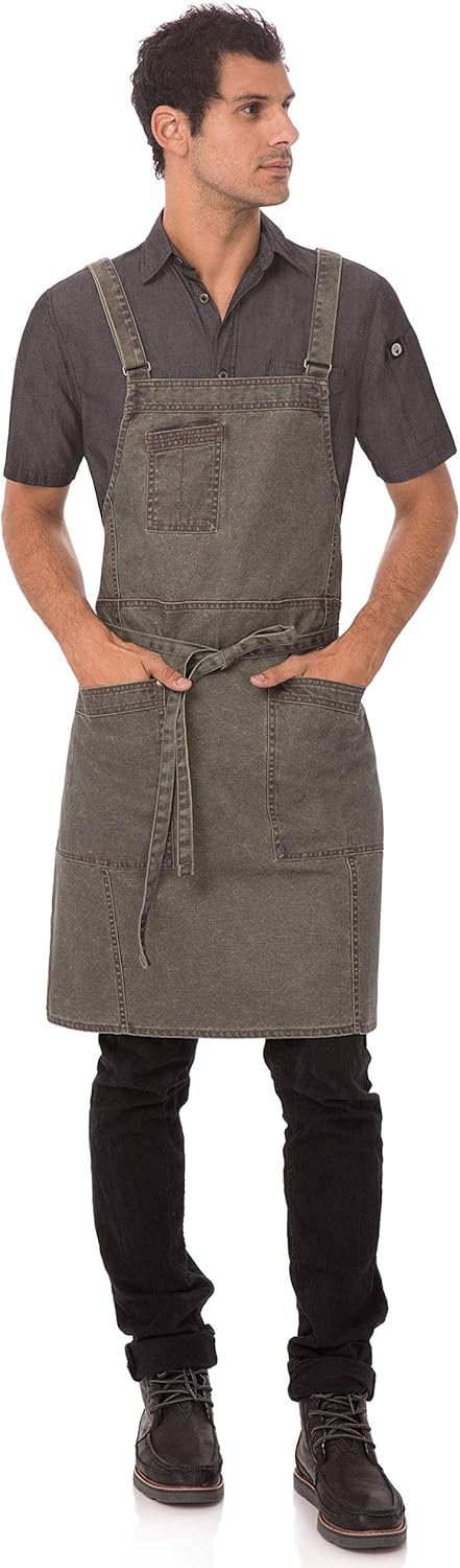 Chef Works unisex adult Denver Cross-back Bib Work Utility Apron, Olive Wood, One Size US: Clothing
