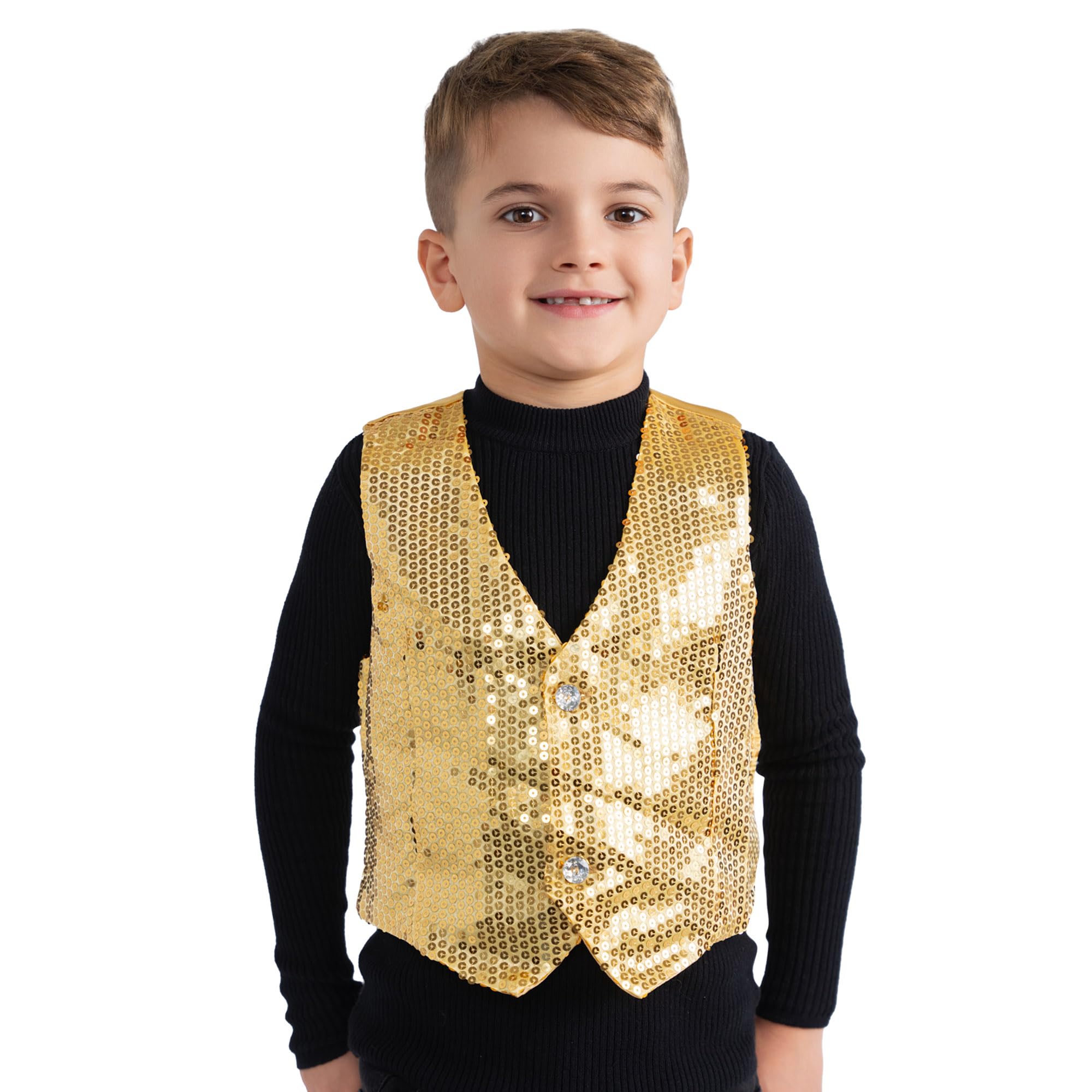 Dress Up America Gold Sequin Waistcoat - Kids Shiny Dance Vest - Sparkly Gold Waistcoat for Kids - Golden Party Costume