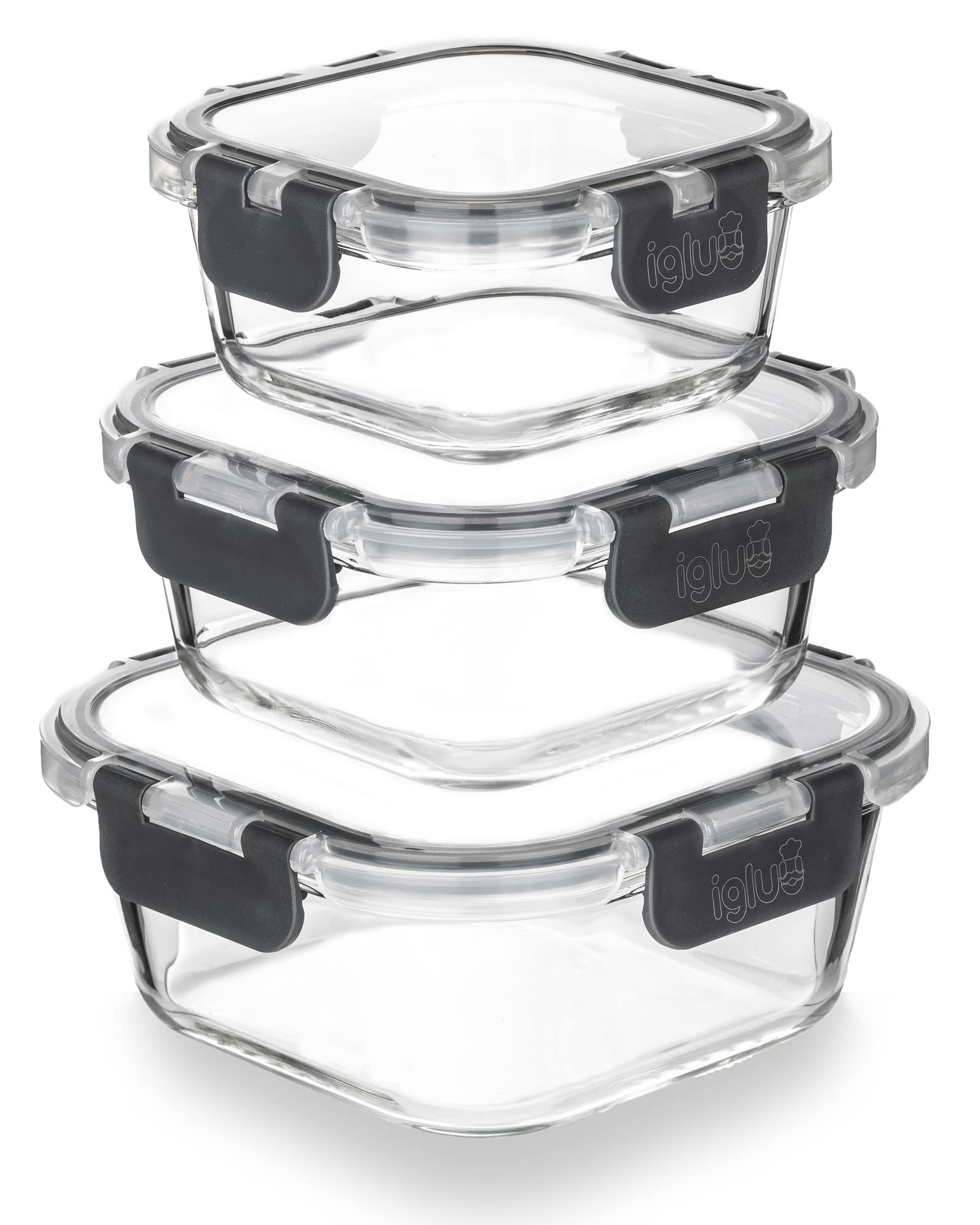 Igluu Meal Prep Square Glass Containers with Lids (3 Pack) – Airtight & BPA-Free – Oven, Microwave, Freezer and Dishwasher Safe – 320ml, 520ml, 800ml – Durable Borosilicate Glass