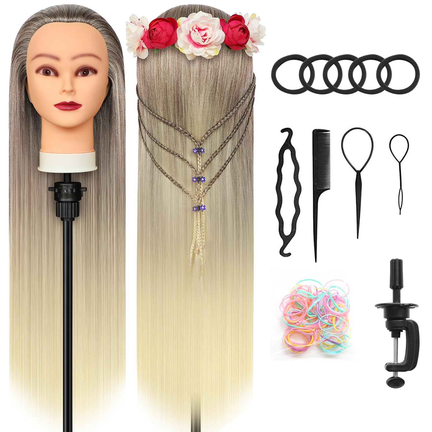 Styling Head 28 inch Training Head 100% Synthetic Fibres Hairdressing Head Hairdresser Training Heads with Free Clamp and DIY Braiding Set (Golden)