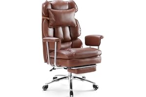Sweetcrispy Executive Home Office Desk Chair - Ergonomic Big Tall High Back with Footrest & Lumbar Support, Reclining Height Adjustable, Comfy PU Leather Computer Gaming with Swivel Wheels, Brown