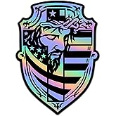 Cyber84 Premium Holographic Jesus American Flag Shield Car Decal - Christian Cross & Patriot Bumper Sticker - Waterproof Matte Vinyl Faith Gift for Men Women Veterans
