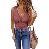 Bigeoosh Womens Lace Patchwork Sexy Deep V Neck Knitted Vests Summer Camis Tank Tops