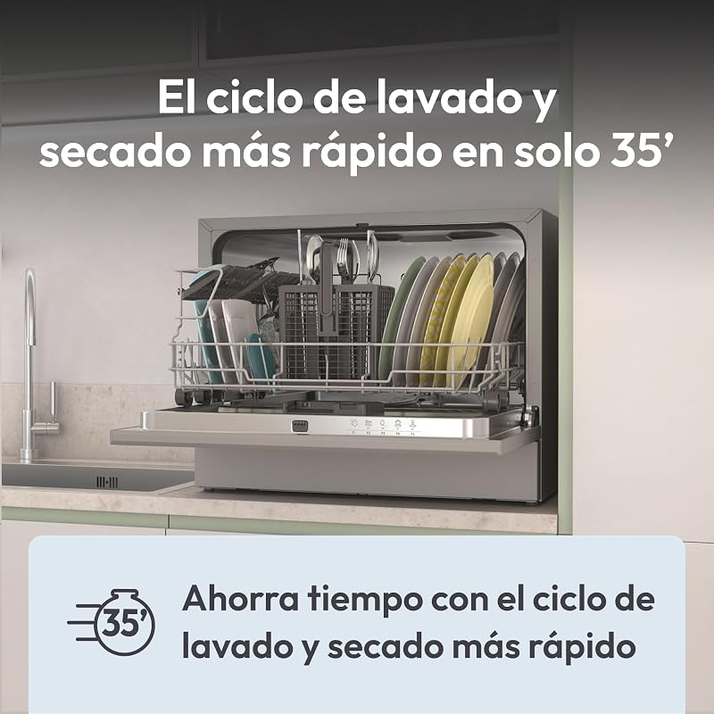 Máquina de lavar louça pequena e compacta candy cp 6e51ls, 6 serviços, digital, 51dba, 5 ciclos, meia carga, início retardado 3-6-9 horas, indicador de sal e abrilhantador, indicador de fim de ciclo, aço inoxidável