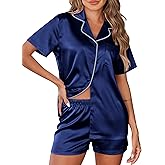 Ekouaer Womens Silk Satin Pajamas Set 2 Piece Pjs Short Sleeve Sleepwear Button Down Top and Shorts Loungewear S-XXL