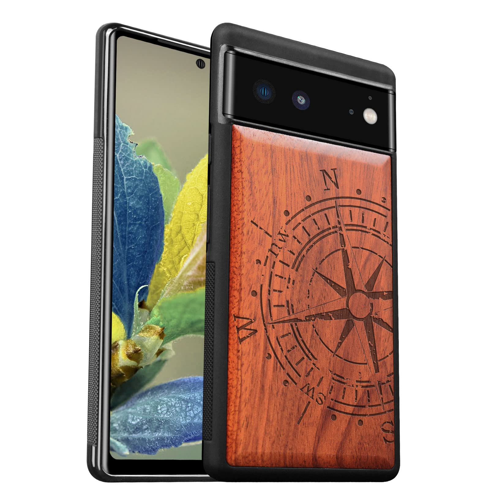 Carveit Wood Case for Pixel 6 Case [Hard Real Wood & Soft TPU] Shockproof Hybrid Protective Cover Unique & Classy Wooden Case Compatible with Google Pixel 6 Case (Vintage Compass Carving-Rosewood)
