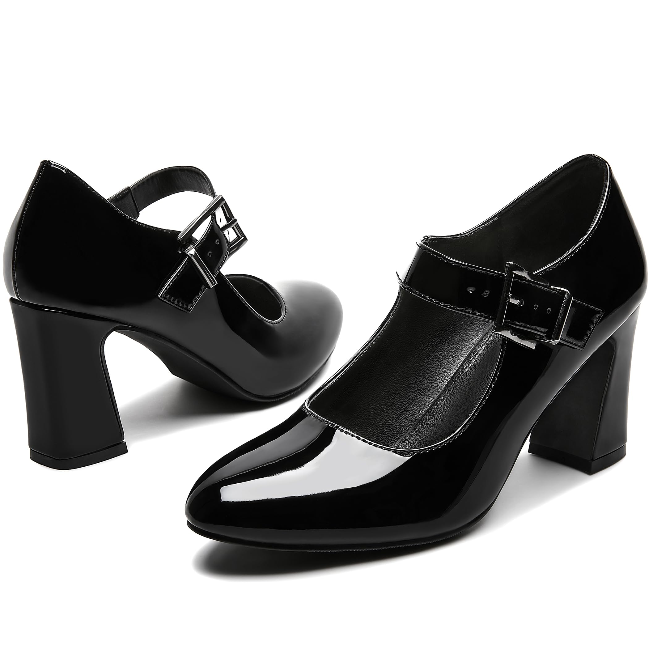 Photo 1 of rsxses Black Mary Jane Heels for Women Closed Toe Block Heel Round Toe Chunky High Heel Pumps Ankle Strap Dress Shoes Patent PU Comfortable Wedding Party Pumps Shoes Size 9.5