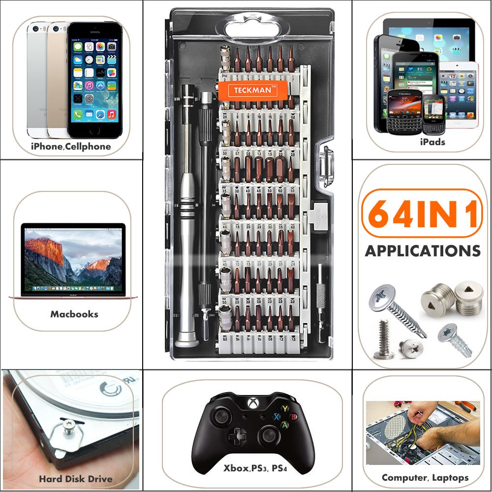 TECKMAN Precision Screwdriver Set, 64 in 1 Small Torx Phillips Pentalobe Tripoint Screwdriver Magnetic Bit Set for iPhone 8,7,Macbook,Xbox,PS3,PS4,Eyeglasses &Watches, Electronics Repair Tool Kit