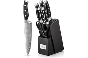 D.Perlla Knife Set, 7-Piece Kitchen Knife Set with Wooden Block, High Carbon Stainless Steel Knife Block Set with Built-in Sh