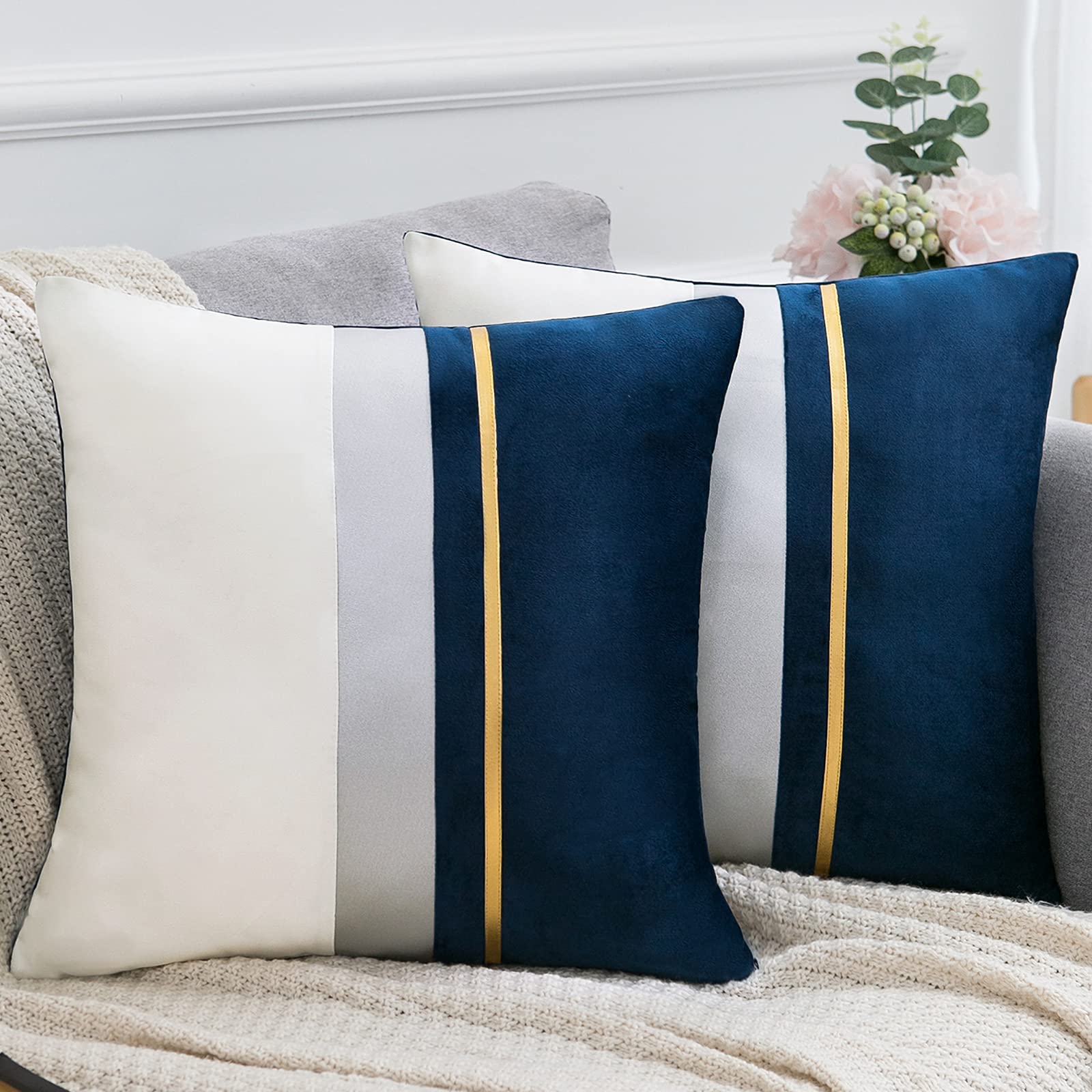 Navy Blue Cushion Covers 45 x 45 cm Gold Leather Striped Patchwork Velvet Case Luxury Modern Square Throw Pillow Cover Decorative Pillow for Bedroom Living Room Bed Sofa Car 18 × 18 inch