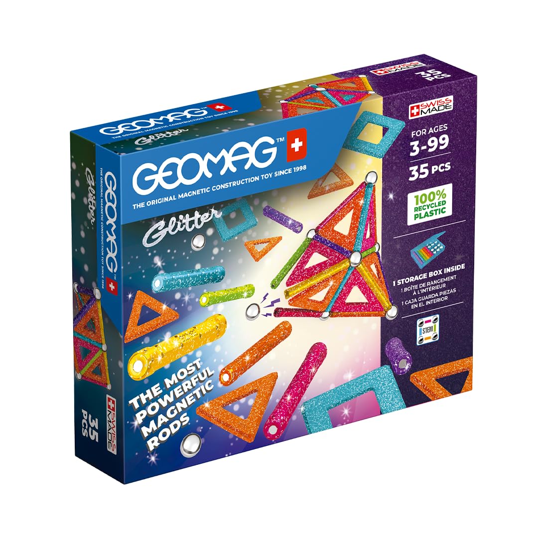Geomag, Recycled Glitter, Magnetic Constructions With Glitter Effect, Colorful And Glittery Magnetic Bars, 35-Piece Pack, 100% Recycled Plastic, White