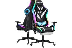 HOFFREE Gaming Chair with Bluetooth Speakers and Led Lights Massage Vide Game Chair with Footrest Reclining High Back Computer Gamer Chair White and Black