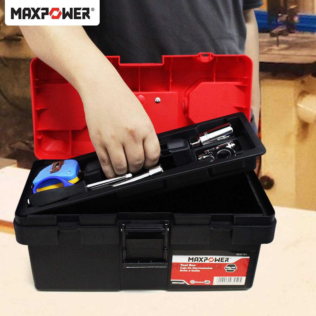 MAXPOWER Tool Box 14-inch Plastic Small Tool Boxes with Removable Tray with Dual Lock Secured, Red - - 
